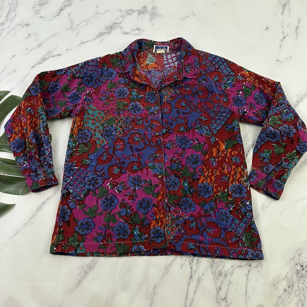 Monsoon Womens Vintage 80s Floral Blouse Top Size 10/12 Red Purple Brass Buttons